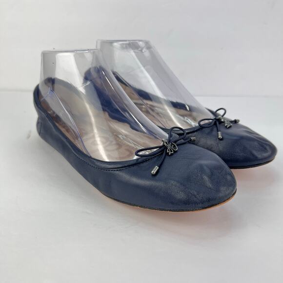 EUC Sam Edelman 8 Felicia Navy Blue Leather Bow Charm Ballet Flats Shoes Elastic - Picture 2 of 11